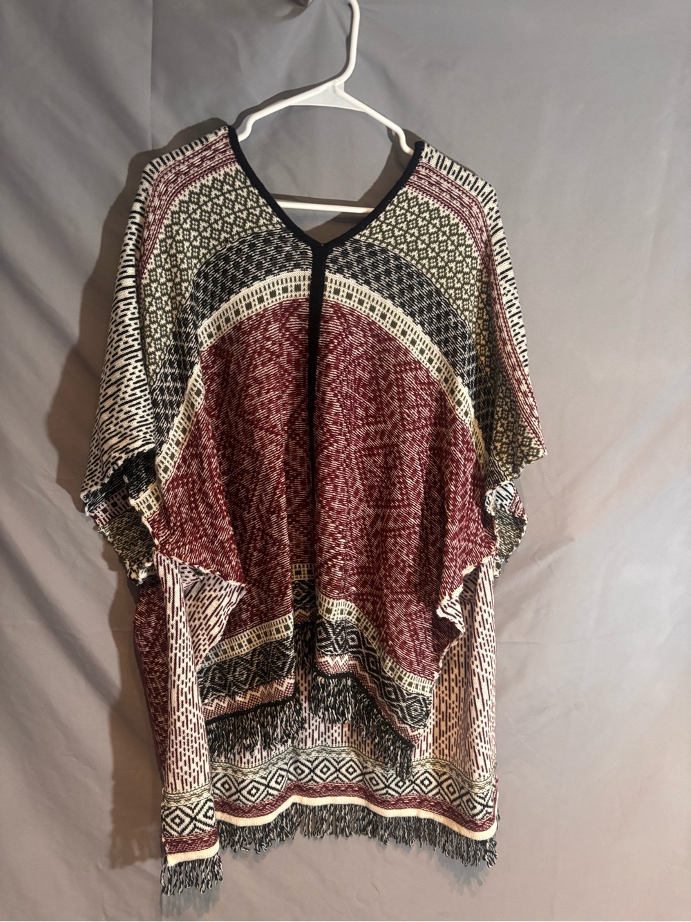 Cato Maroon Patterned Poncho with Black and Cream Accents One Size